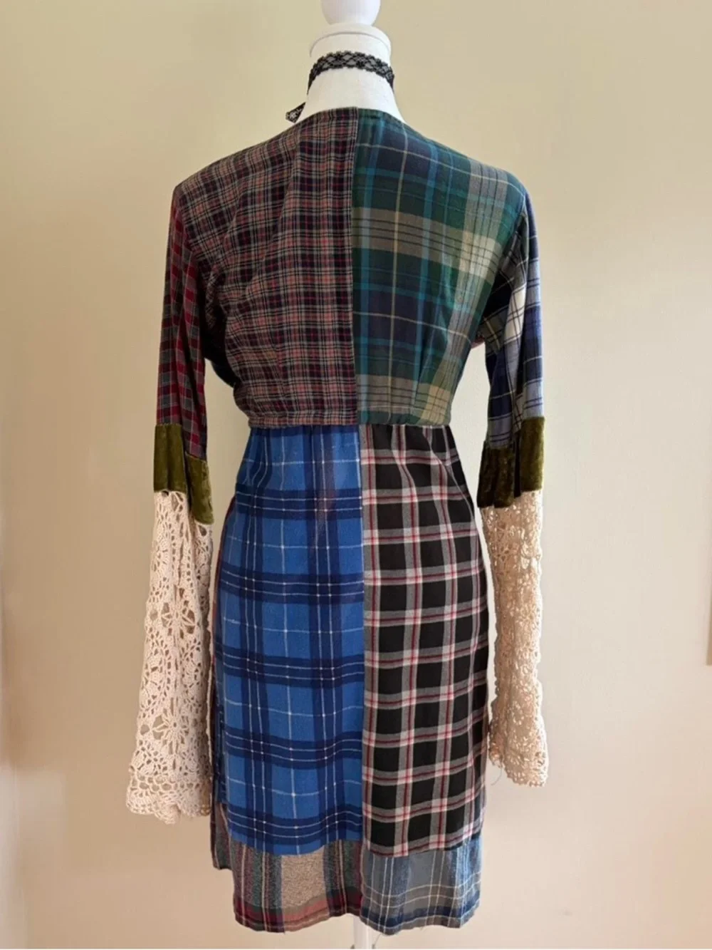 Vintage 90s patchwork crochet lace duster dress plaid grunge boho festival S-M - Picture 4 of 8
